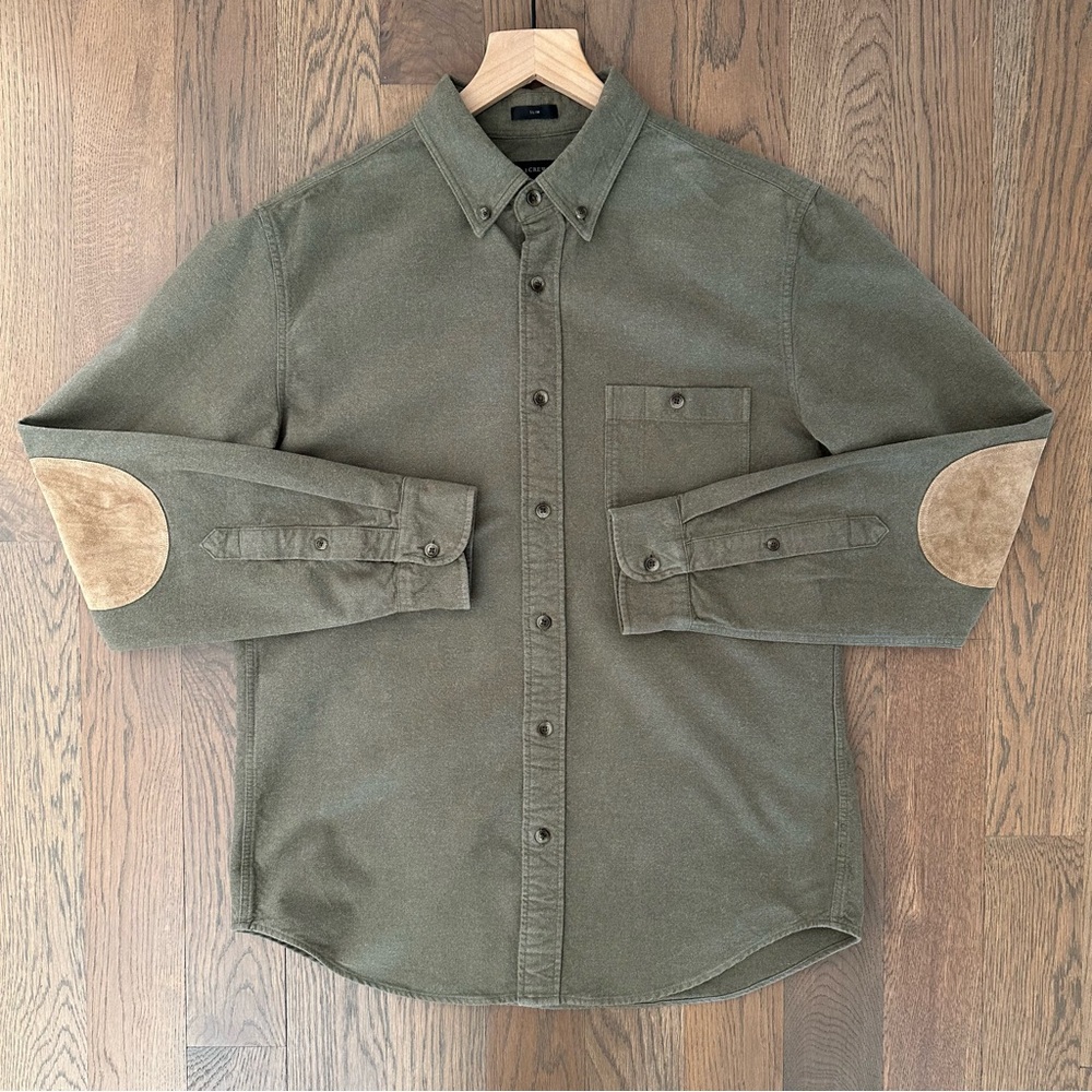 J. Crew Men's Chamois Elbow Patch Cotton Shirt in Dusty Olive Green Medium Slim